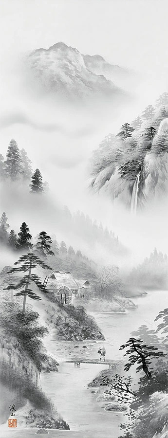 掛け軸 山河望郷 水墨山水 伊藤渓山 山水画 尺五立 掛軸 59×190cm TK05 和室 玄関 床の間 リビング 壁掛け モダン インテリア 桐箱入り 10年保証