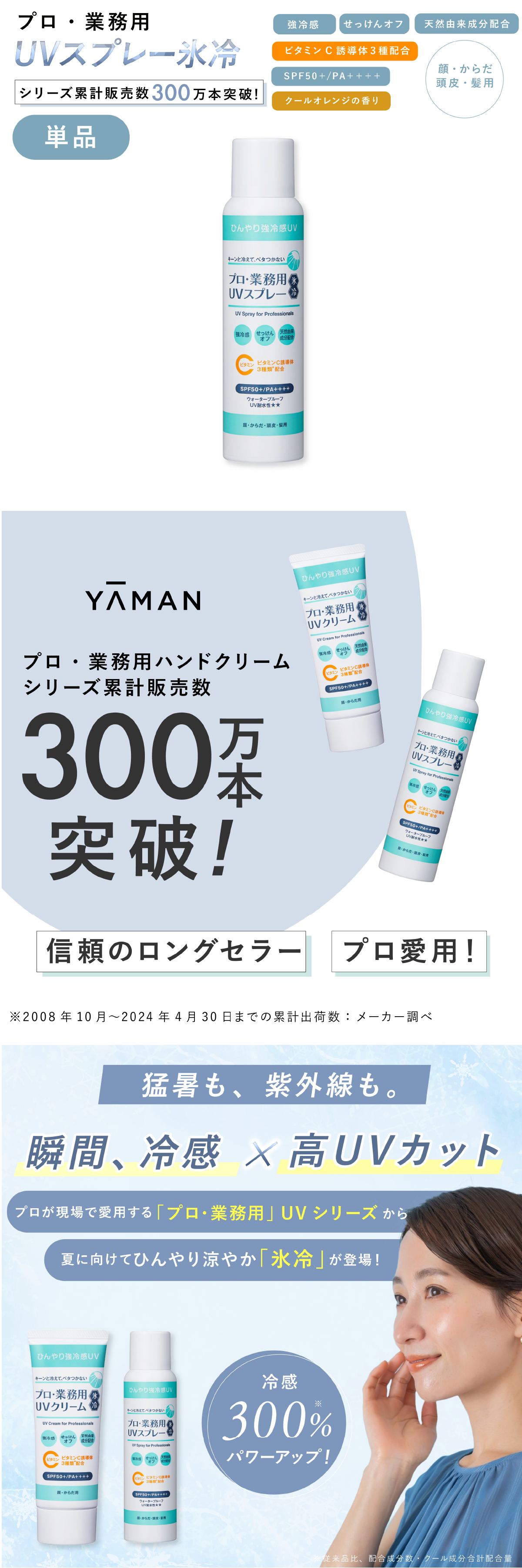 日焼け止めスプレー ヤーマン プロ・業務用 UVスプレー氷冷 90g 2本セット SPF50＋ PA＋＋＋＋ UV耐水性★★ 冷感 UVスプレー ひんやり ウォータープルーフ 頭皮 髪 全身 紫外線対策 UVケア 透明処方 逆さ噴射 石けんで落とせる 女性 母 誕生日 母の日 夏 プレゼント ギフト