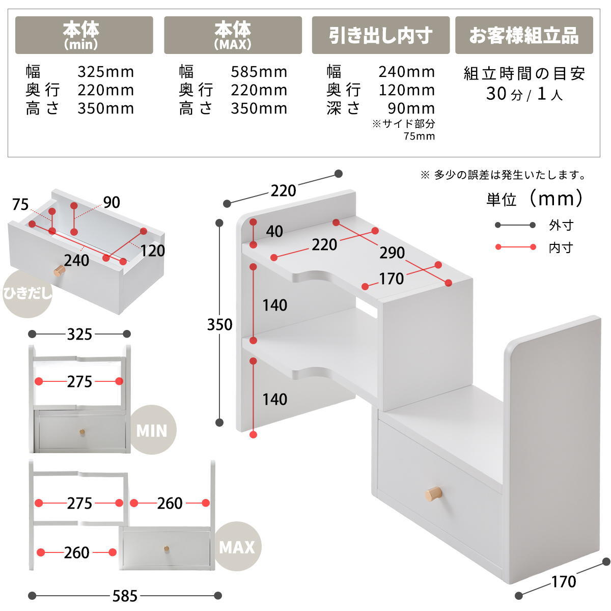 BF DECO 卓上伸縮ラック BFLS0408 デスクラック スパイスラック 幅32.5～58.5cm 奥行22cm 高さ35cm リビング収納 卓上 カウンター ミニ食器棚 棚 伸縮キッチンラック すき間収納 デスク上 ラック 小物収納 おしゃれ 新生活