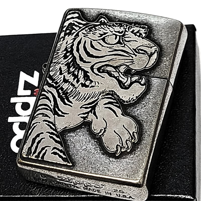 ZIPPO 守護虎 大型メタル貼り タイガー 和柄 クロームイブシバレル 銀 ライター 虎 縁起物 ジッポ アンティーシルバー  日本 おしゃれ 虎彫刻 かっこいい 渋い ギフト メンズ プレゼント