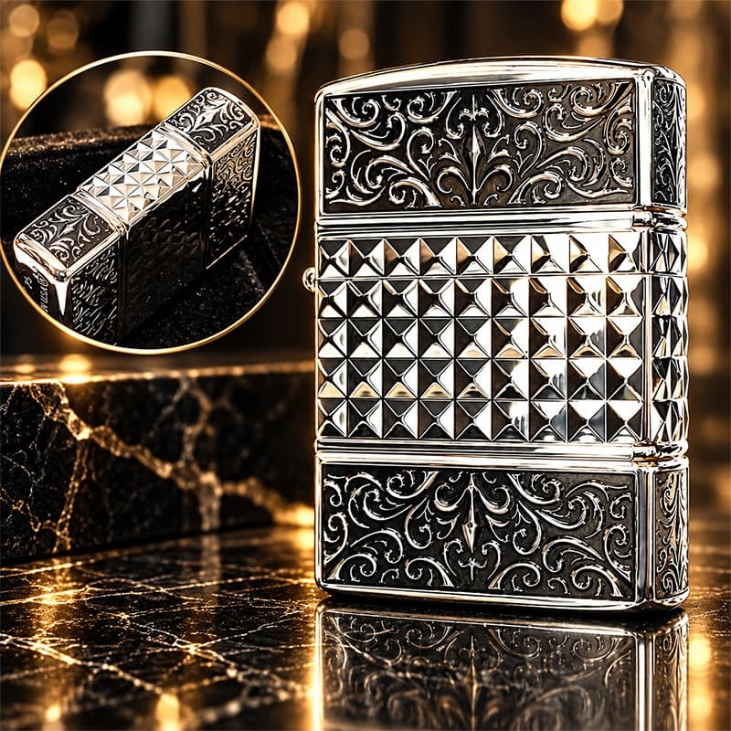 ZIPPO アーマー カスタムライン 中世模様 ジッポ ライター 3面加工 細密彫刻 アラベスク 銀 いぶし仕上げ シルバー かっこいい 重厚 高級 おしゃれ メンズ ギフト プレゼント