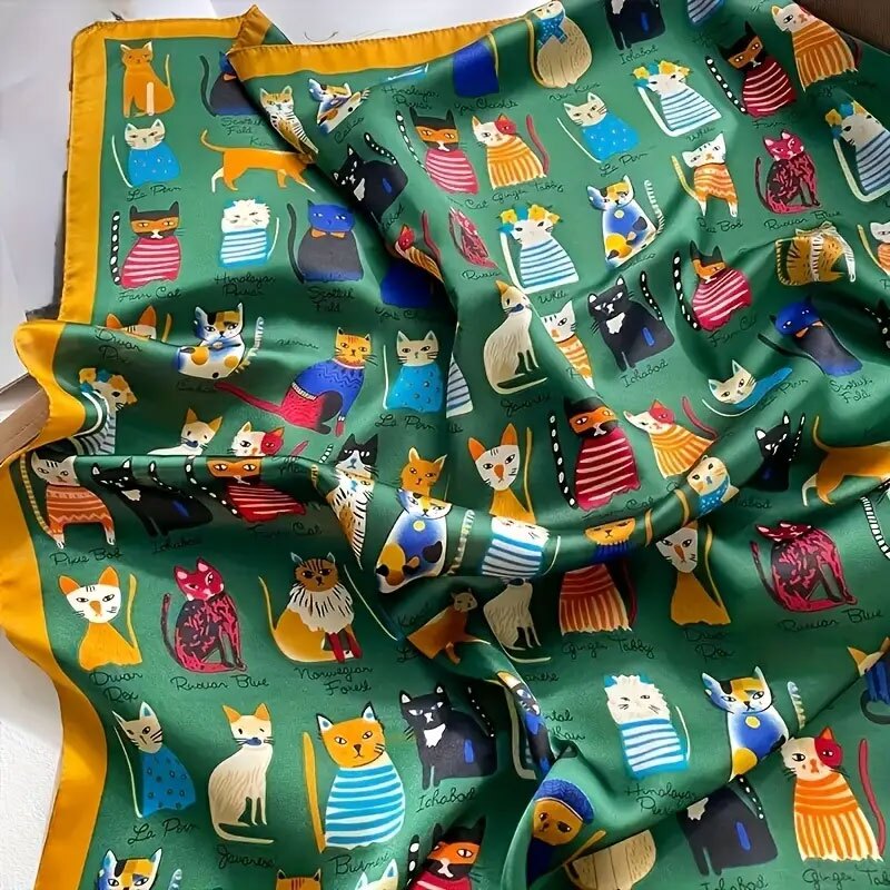 スカーフ 猫 大きめ 70×70 キャット イラスト プリント 小さめ 正方形 首 ネック カラフル アクセント ねこ バッグスカーフ バッグ プレゼント おしゃれ かわいい ギフト サテン 雑貨 猫雑貨 CAT 猫グッズ 風呂敷 ドット 犬