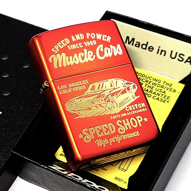 ZIPPO 車 クラシック ジッポ ライター マット加工 かっこいい レッド＆ ゴールド MUSCLE CAR アメリカン ビンテージ 彫刻 おしゃれ 艶消し 赤金 ギフト メンズ プレゼント