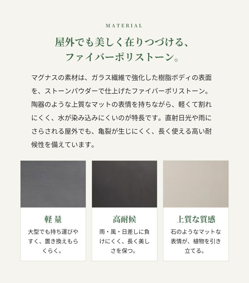 植木鉢 おしゃれ 大型 27号 23号 19号 丸 ラウンド KONTON コントン マグナス ラウンド ファイバーポリストーン 軽量 底穴あり 屋外 S M L グレー ブラック オフホワイト 観葉植物 多肉植物 シンボルツリー 北欧 和モダン モダン ナチュラル プランター ベランダ 玄関