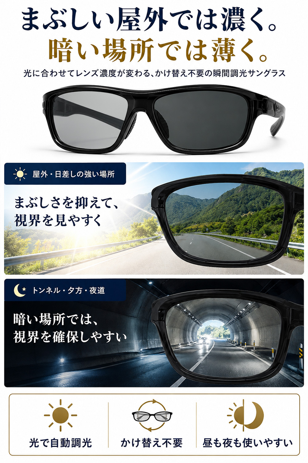 【ラッピング無料】Gran Walker グランウォーカー 偏光サングラス 瞬間調光 UV400 ギフト 車用品 日除け 日焼け対策 自転車 ゴルフ サングラス メンズ キャンプ