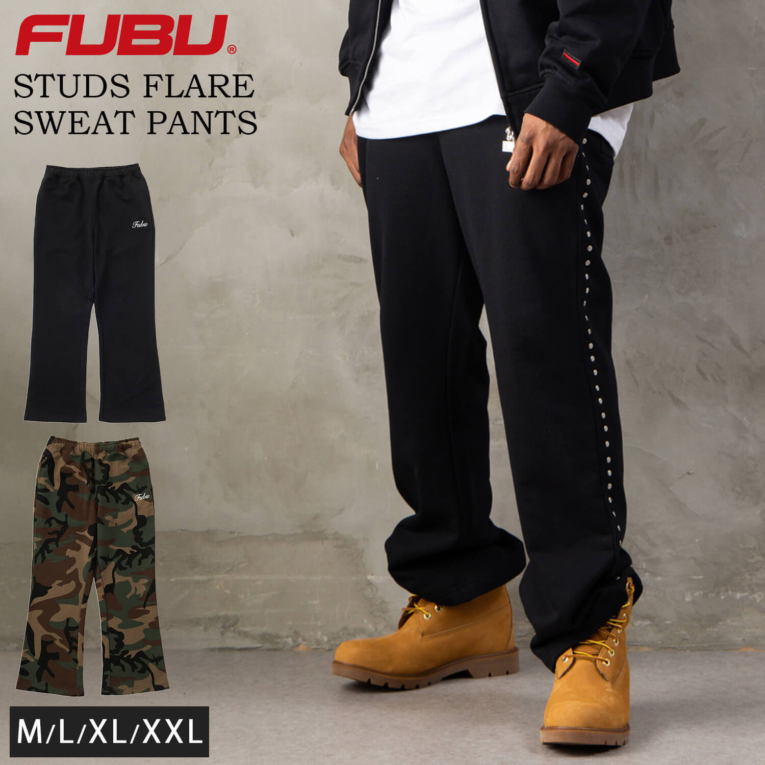 FUBU フブ フレアパンツ メンズ レディース fam-62507 スタッズ フレア スウェットパンツ ブーツカット イージーパンツ 迷彩 カモフラ 刺繍 スケート ストリート ヒップホップ ダンス カジュアル ボトムス M L XL XXL 2026FW Karlas