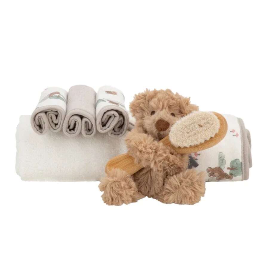 The Little Linen Company バスギフトセット TLLC Bath Gift Set ぬいぐるみとベビー雑貨（ベビー用ぬいぐるみ ミニタオル 3枚 ヘアブラシ 1個 フード付きタオル）ギフト プレゼント 出産祝い