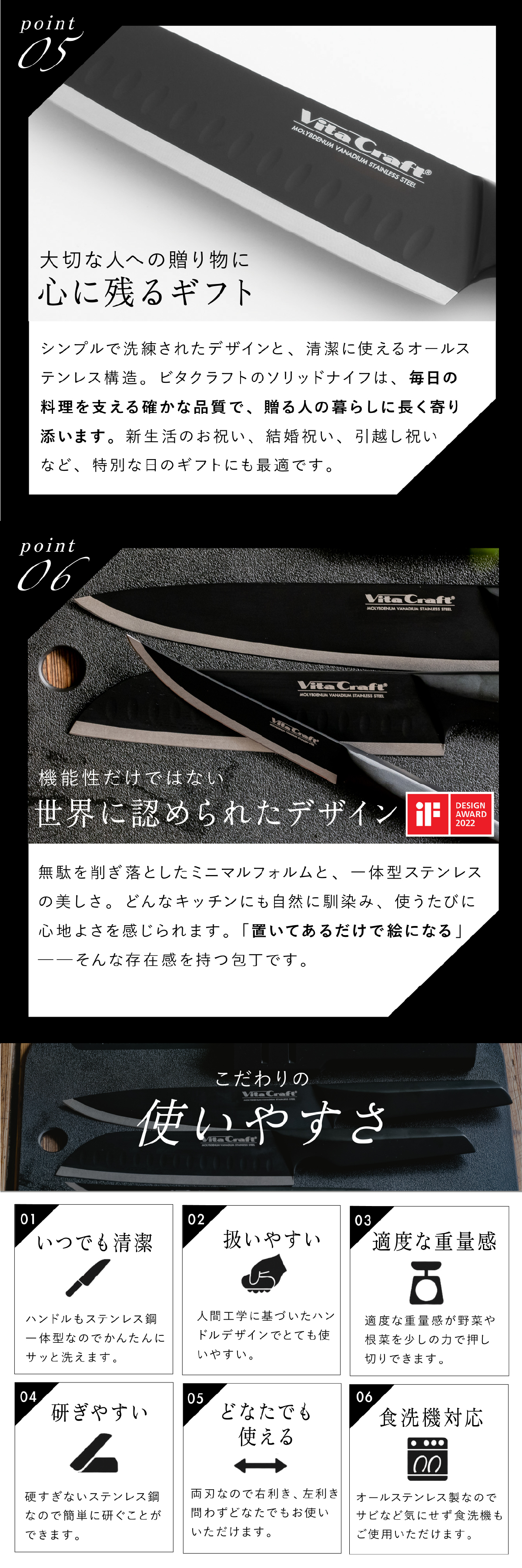三徳包丁 ビタクラフト ソリッドナイフ ブラック Vita Craft SOLID KNIFE THE SANTOKU VC-SK01S BK 万能包丁 家庭用包丁 オールステンレス 一体型 両刃 刃渡り18cm マットブラック 食洗機対応 肉 魚 野菜 料理 調理器具 結婚祝い 新築祝い 新生活 料理好き プレゼント ギフト