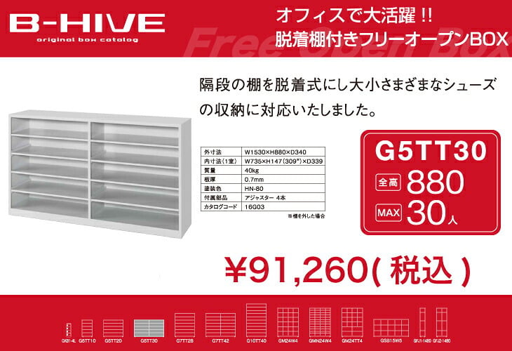 脱着棚付きフリーオープンボックス 30人用 30足用 G5TT30 B-HIVE 業務用下駄箱 シューズボックス 収納棚 送料無料 本州・四国・九州に限り