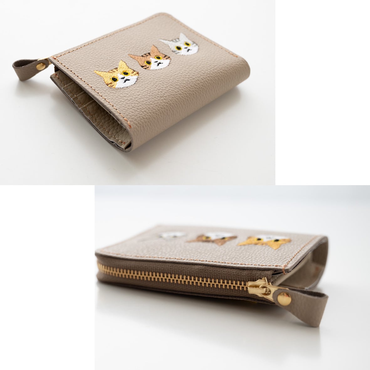 送料無料 BOX型コインケース付き L字ウォレット 【 3匹の猫 】 刺繍 本革 ミニ財布 ギフト