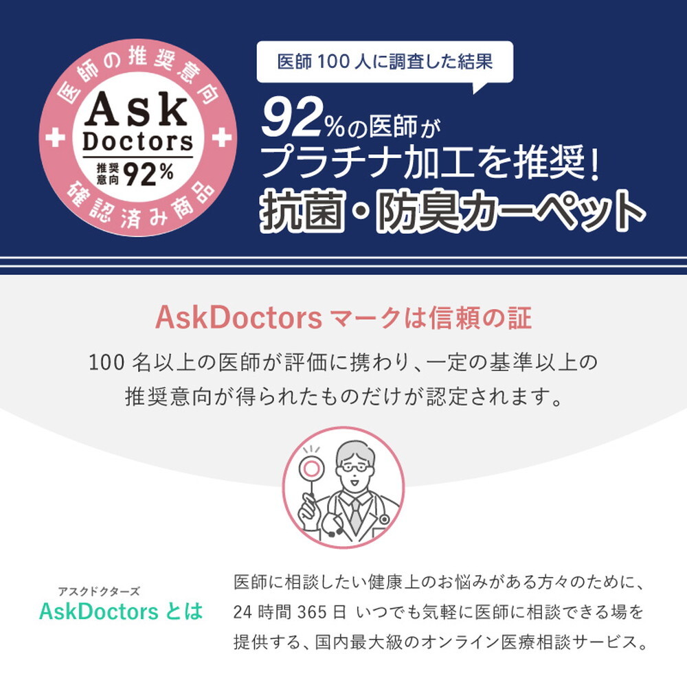 ラグ カーペット お医者さんがすすめる AskDoctors アスクドクターズ 抗菌プラチナ加工 江戸間 3帖 3畳 抗菌 防臭 防カビ 抗ウイルス 消臭 タフト 敷き詰め 無地 マット オールシーズン 年中