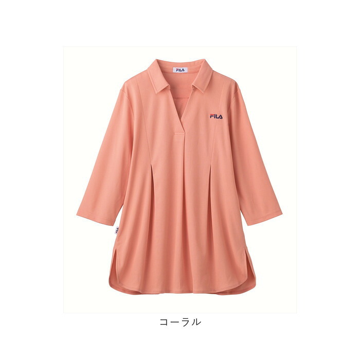 FILA ポロチュニック 通販 チュニック 体型カバー レディース ポロシャツ 七分袖 7分袖 トップス ゆったり ロング丈 スキッパー襟 お尻隠れる 春 秋 吸水速乾 シワになりにくい オフィス カジュアル タウンユース ウォーキング 旅行 女性 婦人服