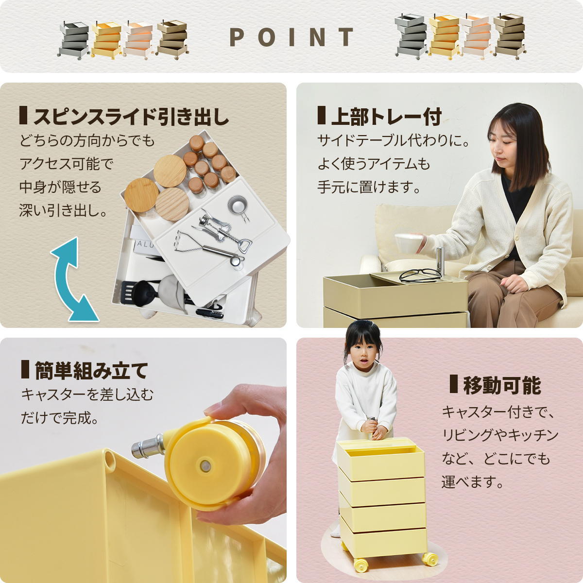 360回転ワゴン 4段 RELS0336 キャスター付きワゴン リビング収納 韓国スタイル ポップ 角型 プラスチック キッチンワゴン トロリー ワゴンラック幅49.5cm 奥行39.5cm 高さ60cm 新生活