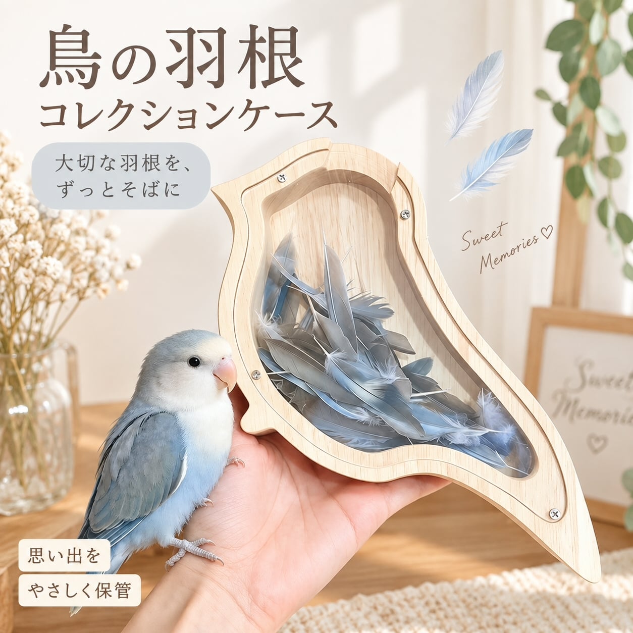 木製アクセサリーケース 二羽の鳥デザイン 鳥 羽根 コレクションケース 木製 透明 メモリアルボックス 羽毛 収納