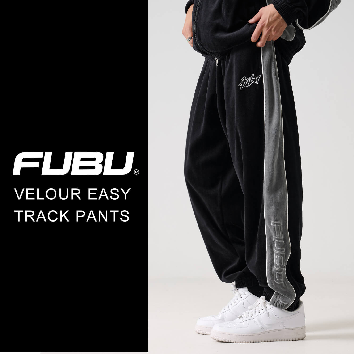 FUBU フブ ロングパンツ メンズ ベロアパンツ イージーパンツ トラックパンツ ルーズシルエット ウエストゴム ブランド 秋 冬 ロゴ 刺繍 大きいサイズ XL XXL オーバーサイズ アメカジ レディース ストリート系 黒 2025fw karlas