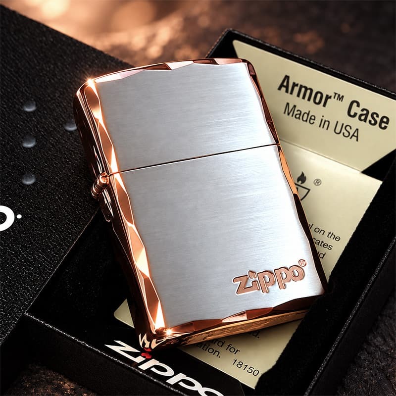 ZIPPO アーマー ライター ジッポ シンプル ロゴ シルバーサテン＆ピンクゴールド 両面コーナー彫刻 サイドピンク 重厚 メンズ ギフト かっこいい おしゃれ