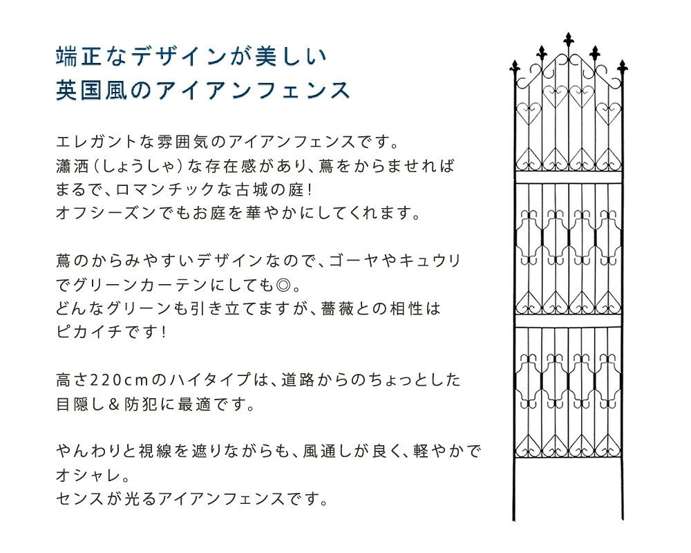 ガーデン エクステリア アイアンフェンス220 ハイタイプ 2枚組 フェンス アイアン ガーデニング 枠 柵 仕切り 目隠し 境目 クラシカル アンティーク トレリス ベランダ つる 薔薇 バラ 朝顔 園芸 ラティス つるバラ 庭誘引 屋外 新生活