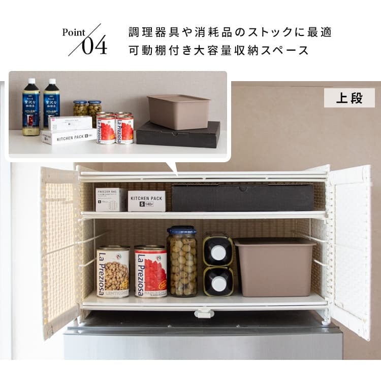 冷蔵庫上収納ラック 冷蔵庫上 冷蔵庫上収納 収納 冷蔵庫 目隠し収納 目隠し キッチン収納 可動棚 Rifero リフェロ ラタン おしゃれ ホットプレート キッチン 扉 大容量 調理器具 冷蔵庫上ラック 冷蔵庫上棚 上置き収納 ラタン収納 扉付 家具