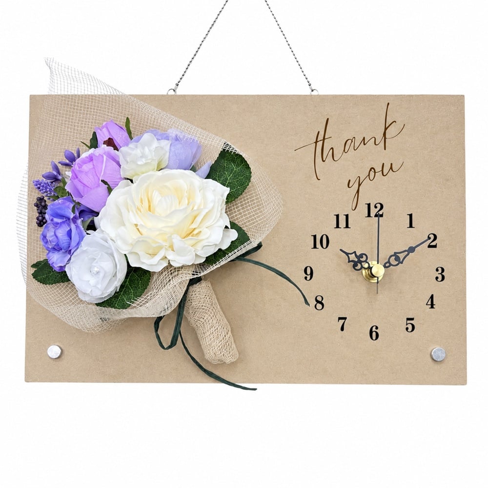 ◆花時計 【Wood Clock ウッドクロック・横型タイプB（時計右）・ホワイト/ピンク/ブルー/パープル/ビタミンカラー】掛け時計・置時計 ハンドメイド 文字入れ・変更可能