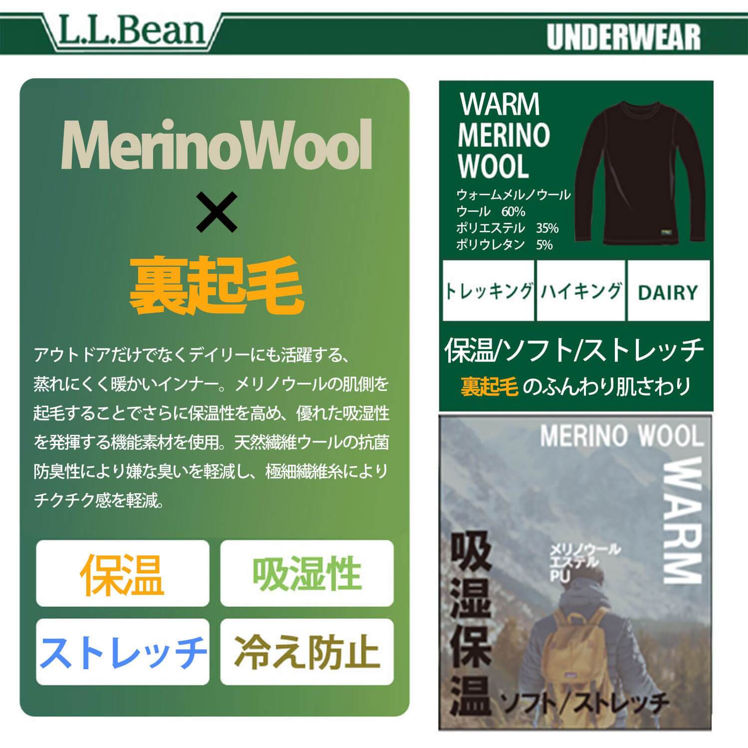L.L.Bean エルエルビーン メンズ 長袖インナーシャツ メリノウール 裏起毛 吸湿速乾 汗冷え防止 保温 あったか 防寒 抗菌 肌着 下着 丸首 Tシャツ トップス 登山用 アウトドア スポーツウェア ブランド 秋冬 M L karlas