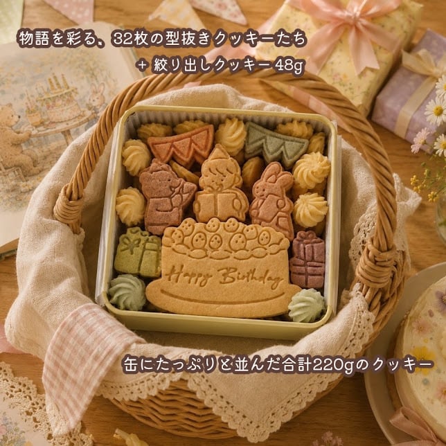 クッキー缶/きみと季節のとなりに「HappyBirthday」(クッキー クッキー缶 メッセージ 洋菓子 お菓子 スイーツ 焼き菓子 誕生日 記念日 お祝い バースデー プレゼント ギフト 贈り物 手土産 映え かわいい 可愛い おしゃれ  動物 アニマル くま うさぎ 成人の日 詰め合わせ 物語 美味しい おやつ 友達 子供 孫 女友達 女性 彼女 彼氏 妻 母 娘 甥っ子 姪っ子) 