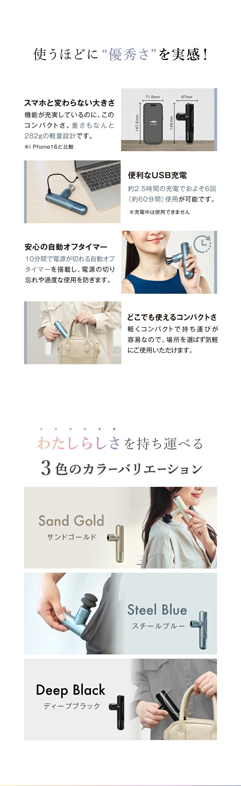 振動ケア WAVEWAVE Fascial Release Gun Mirai ハンディガン 5種アタッチメント 3モード 4段階 最大3100回/分 フェイス 頭皮 ボディ 首 肩 背中 太もも 足裏 コンパクト 軽量 282g USB充電 コードレス 女性 男性 母 父 誕生日 母の日 父の日 プレゼント ギフト
