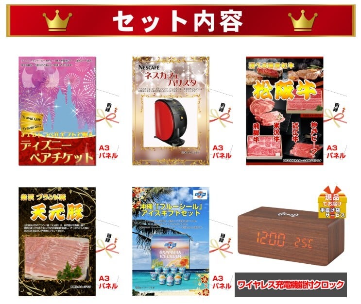 ビンゴ・二次会の景品はお任せ 景品 目録 パネル ビンゴ ディズニーペアチケット人気パネル景品５枚＆現品１０点セットD 景品パネル＆引換券付き目録 15275 結婚式 ゴルフコンペ イベント 抽選会