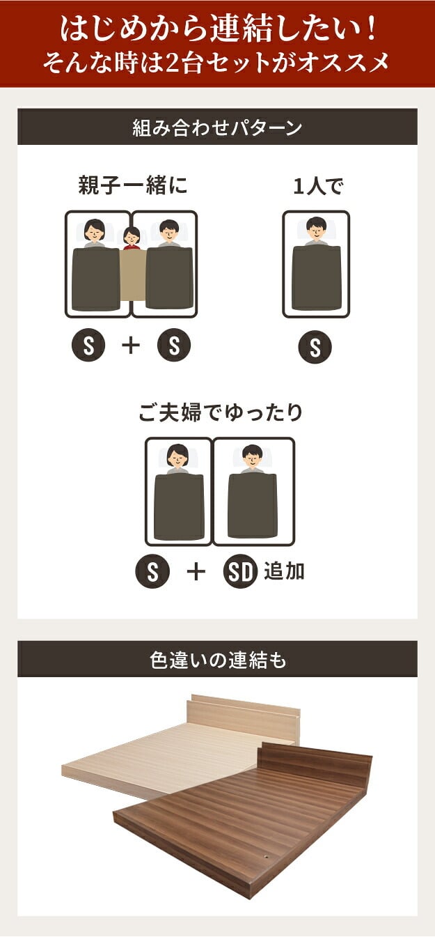 ベッド ロータイプ 連結 家族揃って布団で寝られる連結ローベッド-ファミーユ ダブルサイズ 同色2台セット ベッドフレームのみ ベッドフレーム ファミリーベッド 連結ファミリー 家族ベッド 親子ベッド 子供 フロアベッド 木製 宮付き おしゃれ 北欧