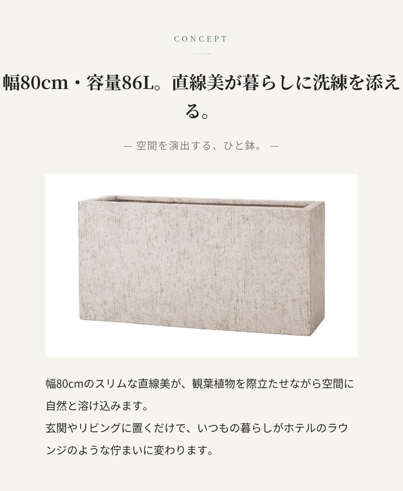 植木鉢 おしゃれ 大型 幅80cm 高さ30cm 鉢カバー KONTON コントン リオ・スリム ベアルート 長方形 横長 四角 ファイバーセメント セメント 屋外 室内 高級 北欧 モダン ナチュラル 観葉植物用 サボテン 多肉植物 特大 玄関 プランター アッシュグレー ダークグレー