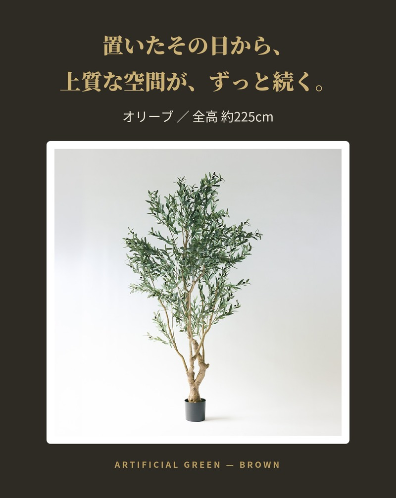 観葉植物 造花 オリーブ BROWN 全高約225cm 大型 実付き フェイクグリーン 高級 本物そっくり リアル おしゃれ インテリア 人工観葉植物 アーティフィシャルグリーン オフィス 店舗 ホテル カフェ 開店祝い 室内 リビング 玄関 風水 庭木 オリーブの木