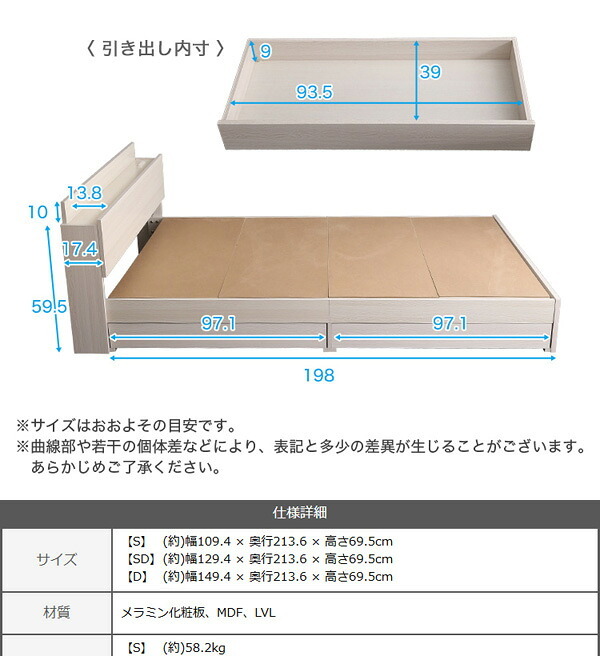 デザインフロア SDサイズ Rite-リテ- インテリア フロア フレーム おしゃれ 抗菌 防臭 2口コンセント付き すのこ セミダブルサイズ 開放感 ホワイトオーク