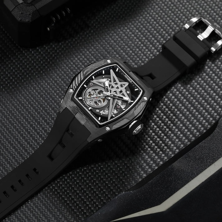 【正規品】MINBER ミンバー Star Skeleton JC9108-02 メンズ腕時計 日本製ムーヴメント 自動巻き 3気圧防水  ブラック  ラバーベルト
