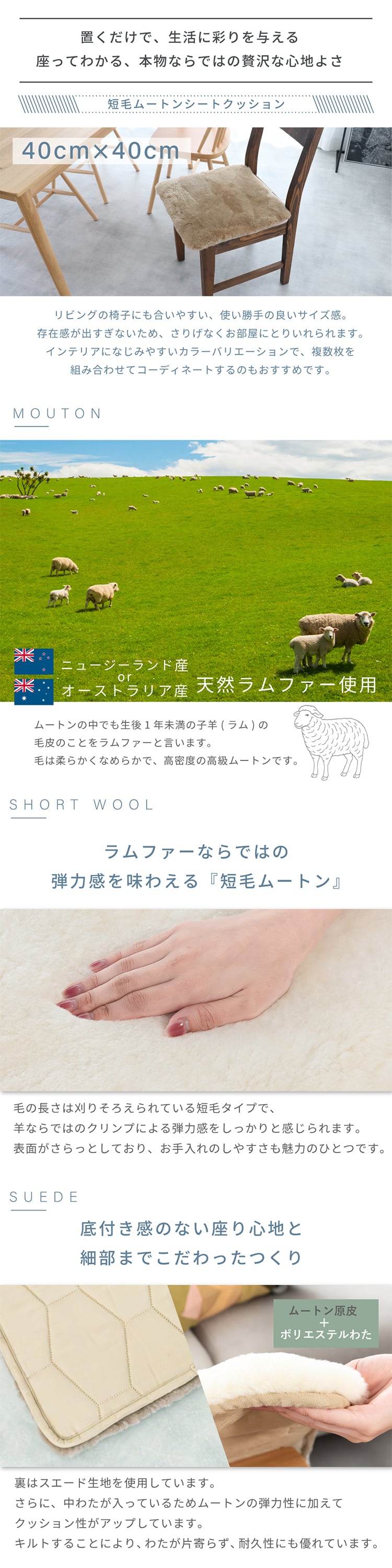 ムートンシートクッション 短毛タイプ 40×40cm (大判サイズ) 毛皮 ムートンクッション ムートン クッション 座布団 ソファー 暖かい 短毛 シートクッション 冷え性対策 夏でもさらさら エアコン対策 おしゃれ 韓国インテリア 北欧 かわいい