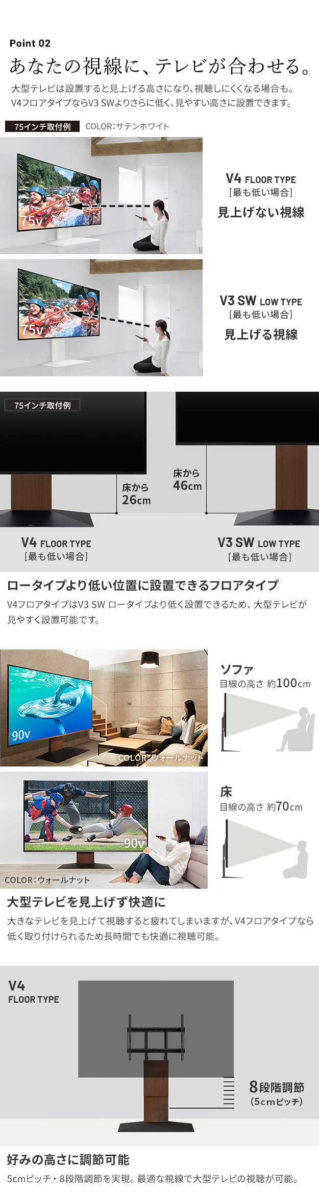 WALLインテリアテレビスタンドV4 フロアタイプ 50～100v対応 壁寄せテレビ台 TVスタンド 大型テレビ専用 背面収納コード収納 ホワイト 白 ブラック 黒 ウォールナット ブラウン 震度7耐震試験済み テレビ台 新生活