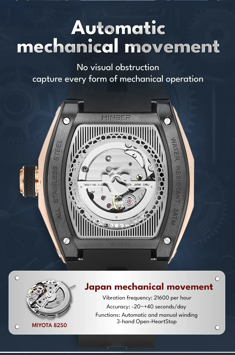 【正規品】MINBER ミンバー Star Skeleton JC9108-01 メンズ腕時計 日本製ムーヴメント 自動巻き 3気圧防水  ブラック  ラバーベルト