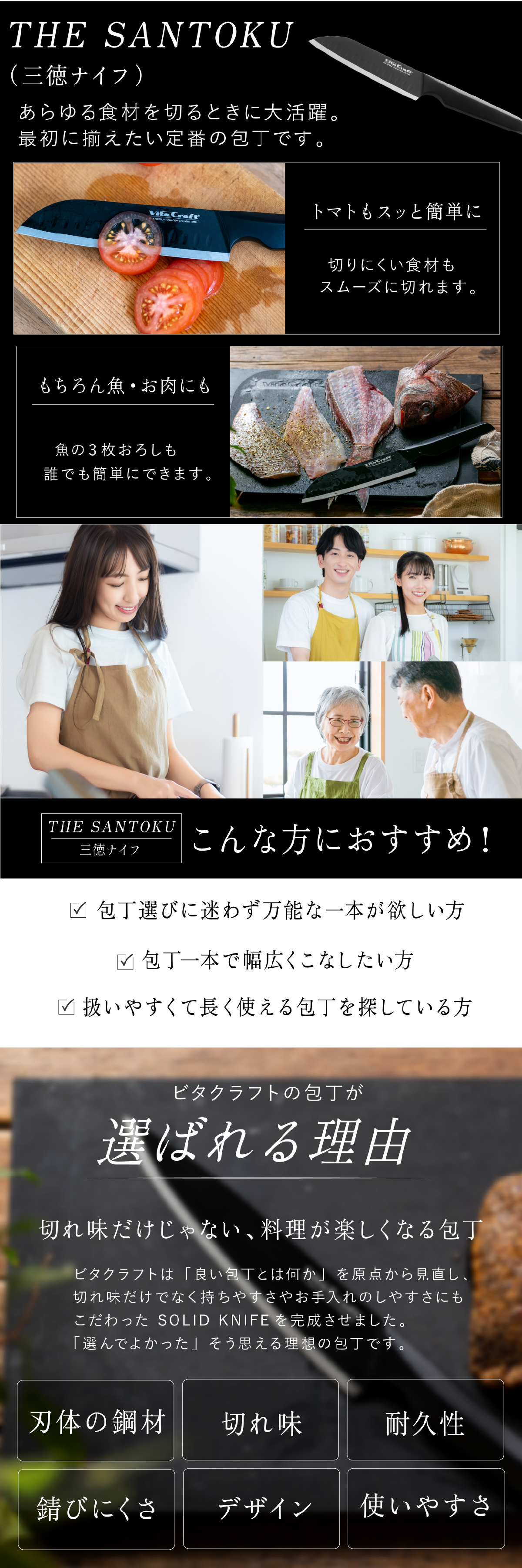 三徳包丁 ビタクラフト ソリッドナイフ ブラック Vita Craft SOLID KNIFE THE SANTOKU VC-SK01S BK 万能包丁 家庭用包丁 オールステンレス 一体型 両刃 刃渡り18cm マットブラック 食洗機対応 肉 魚 野菜 料理 調理器具 結婚祝い 新築祝い 新生活 料理好き プレゼント ギフト