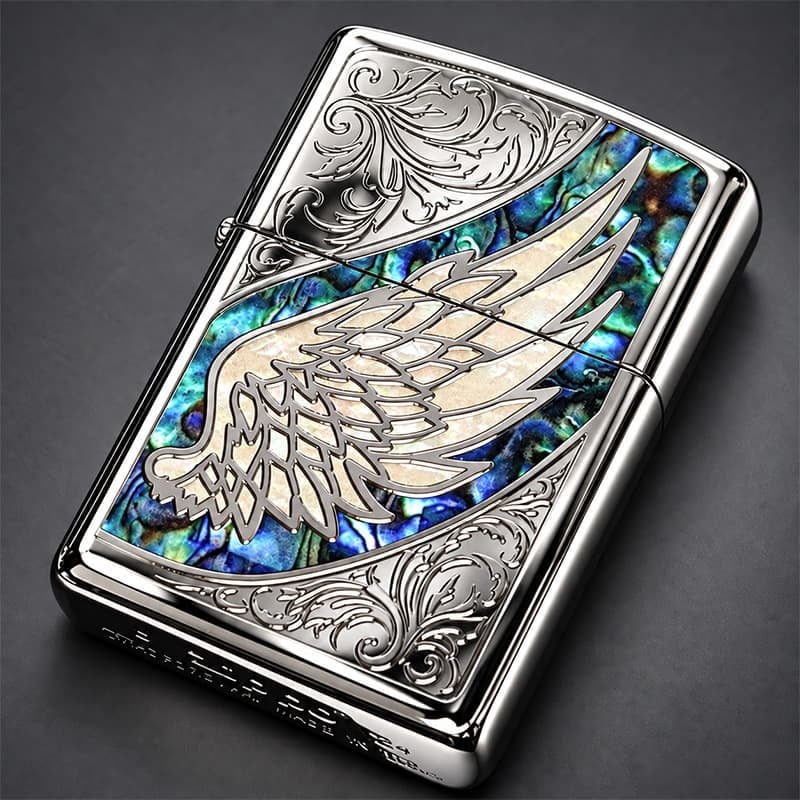 ZIPPO ライター 天使の羽 ウイング ジッポ グリーン マーブル シルバー 翼 アラベスク 彫刻 おしゃれ かっこいい 緑 御守り メンズ レディース ギフト プレゼント