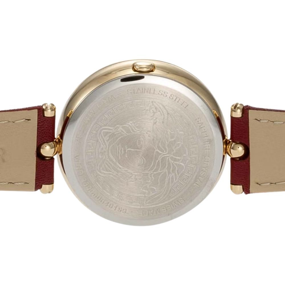 ヴェルサーチェ 腕時計 レディース レッド ゴールド 34mm VERSACE PALAZZO EMPIRE パラッツォ エンパイア 立体 メデューサ 赤 レザー 革ベルト スイス製 高級 ブランド おしゃれ プレゼント ギフト 卒業 入学 お祝い