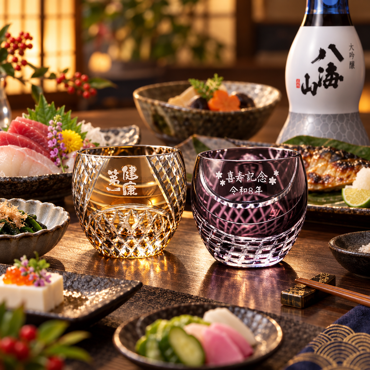 退職 異動 名入れ ペアギフト SXX 酒セット 日本酒 八海山 純米大吟醸・大吟醸 ひょうたん瓶 180ml & 切子 丸型おちょこグラス 2点 コサージュ付 ギフトBOX入り / プレゼント ギフト 夫婦 結婚 金婚式 銀婚式 退職 記念 誕生日 長寿 祝い お猪口 ぐい飲み 冷酒グラス 赤 紺 黄 紫 選べるカラー 飲み比べ