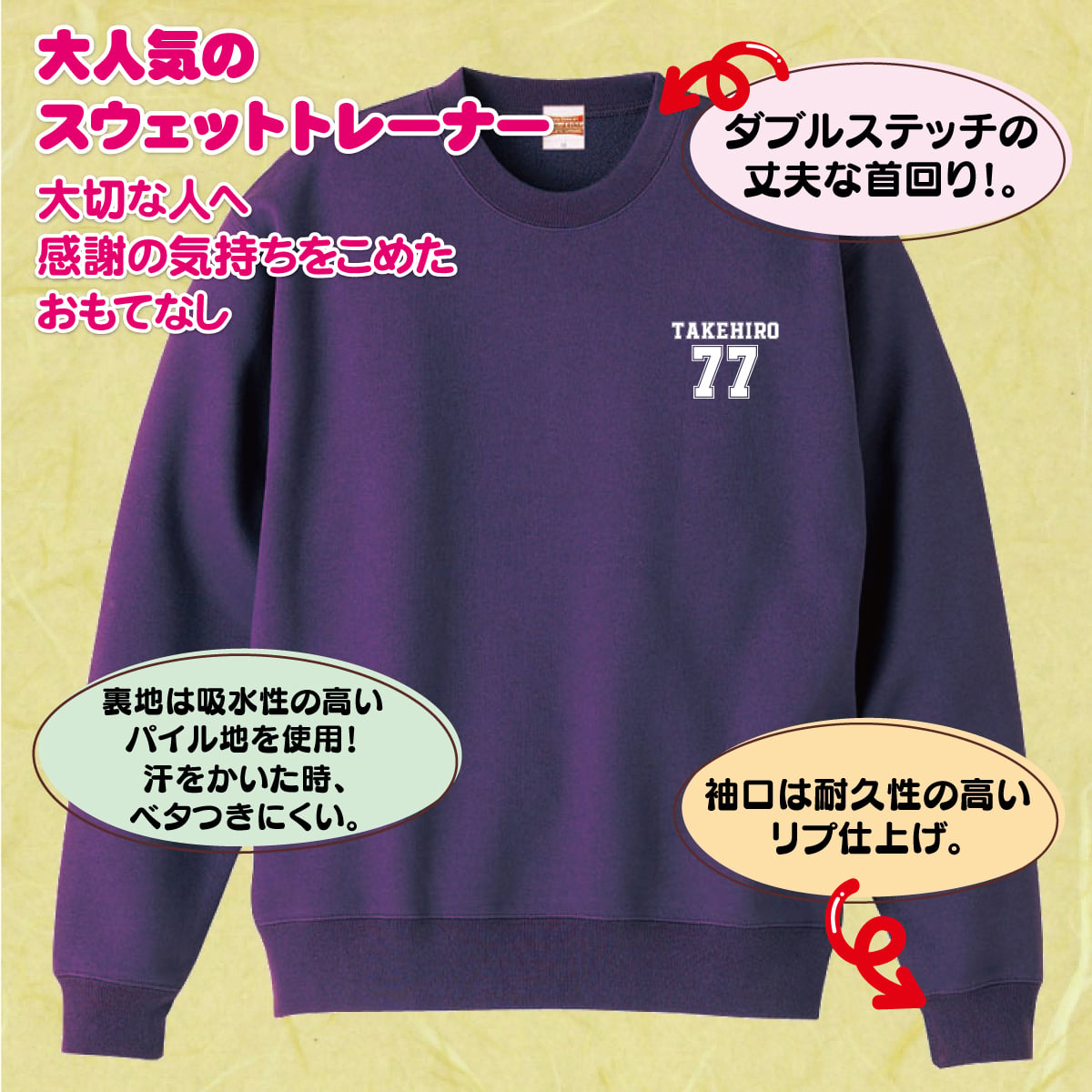 【名入れ】喜寿祝い トレーナー ＜デザインB・小＞ スウェット 長袖 服 還暦 プレゼント ギフト 男性 女性 メンズ レディース お祝い 77歳