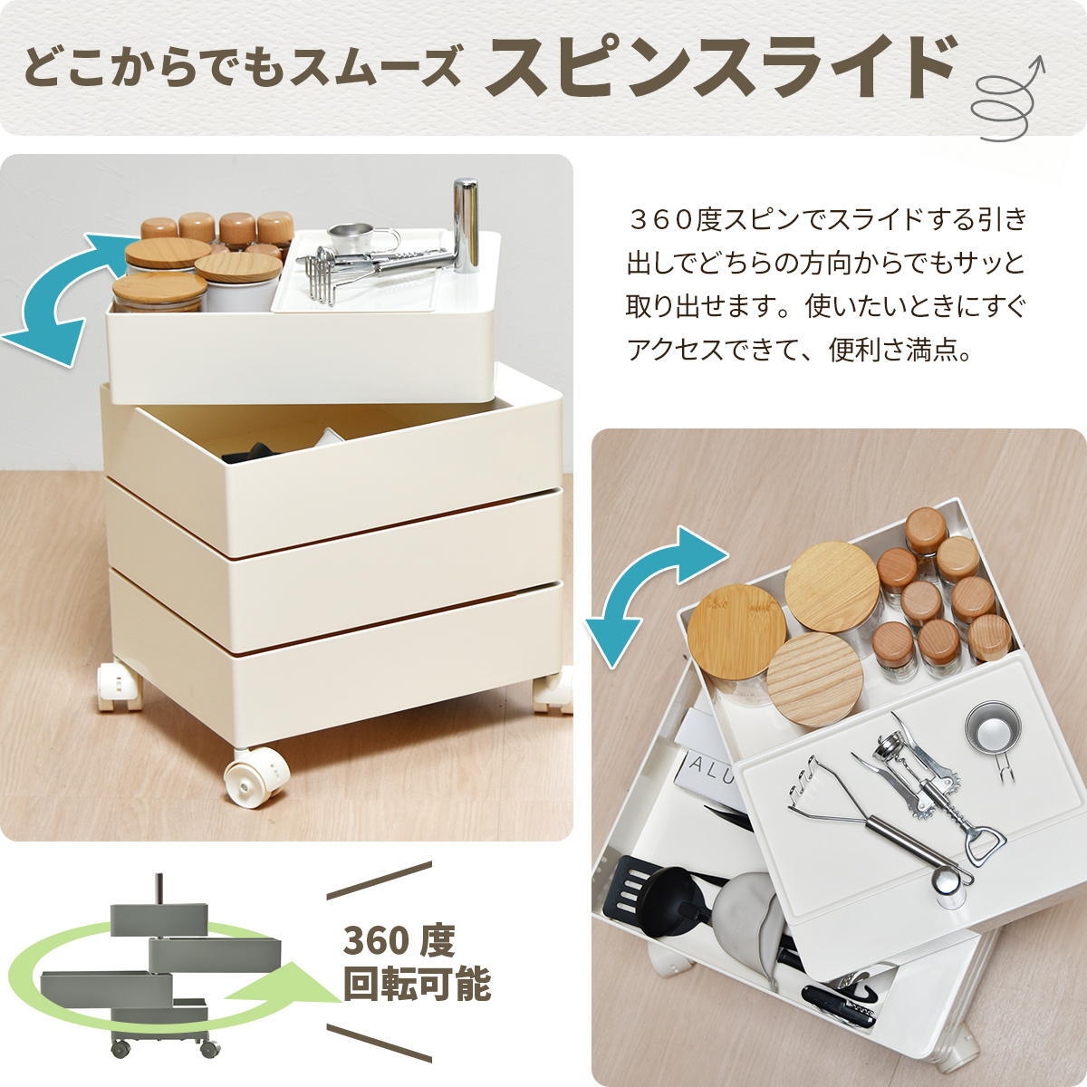 360回転ワゴン 4段 RELS0336 キャスター付きワゴン リビング収納 韓国スタイル ポップ 角型 プラスチック キッチンワゴン トロリー ワゴンラック幅49.5cm 奥行39.5cm 高さ60cm 新生活