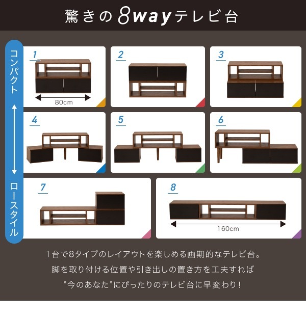 テレビ台 テレビボード 1台で8通りの組み合わせ 本体と引出しを積み重ねて、時には並べて、時には別々に。用途に合わせて変身する伸縮自在のTVボード