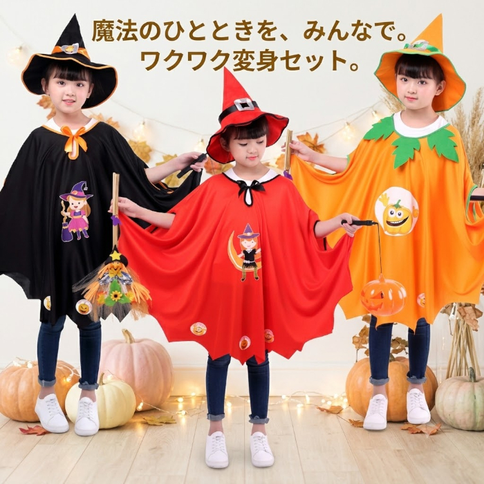 ハロウィン 衣装 子供 魔女 かぼちゃ 黒猫 コスプレ 仮装 キッズ 女の子 ケープ マント コスチューム パンプキン ウィッチ 魔法使い ハロウィンパーティー イベント