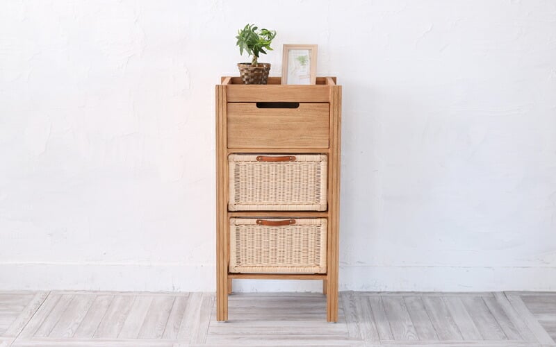 チェスト アジアン家具 収納 キャビネット シェルフ ラタン バスケット 天然素材 チーク無垢木製 籐 3段 スリム アジアン 衣類洋服収納 シャツ収納 北欧 韓国インテリア ナチュラル 新生活