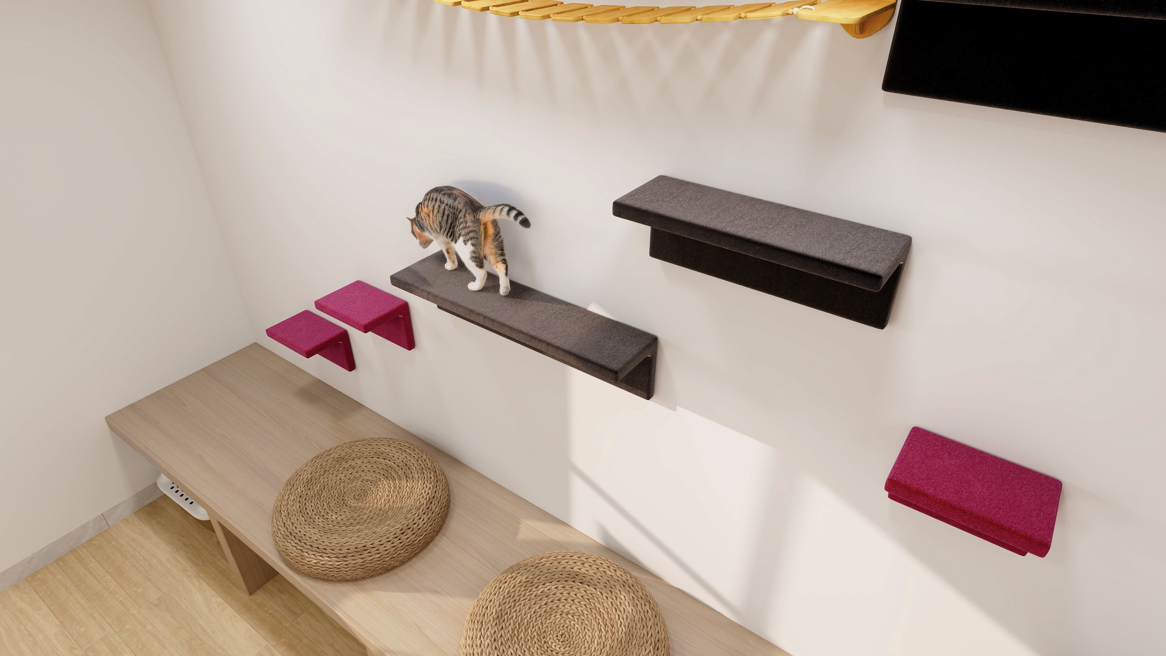 キャットウォーク 壁掛け 幅90.5cm モケット 日本製 完成品 arneco Cat Wall L キャットタワー キャットステップ 壁面収納 猫用家具 多頭飼い 運動不足対策 木製 ペット家具 猫用品 犬用品 省スペース リビング インテリア 北欧