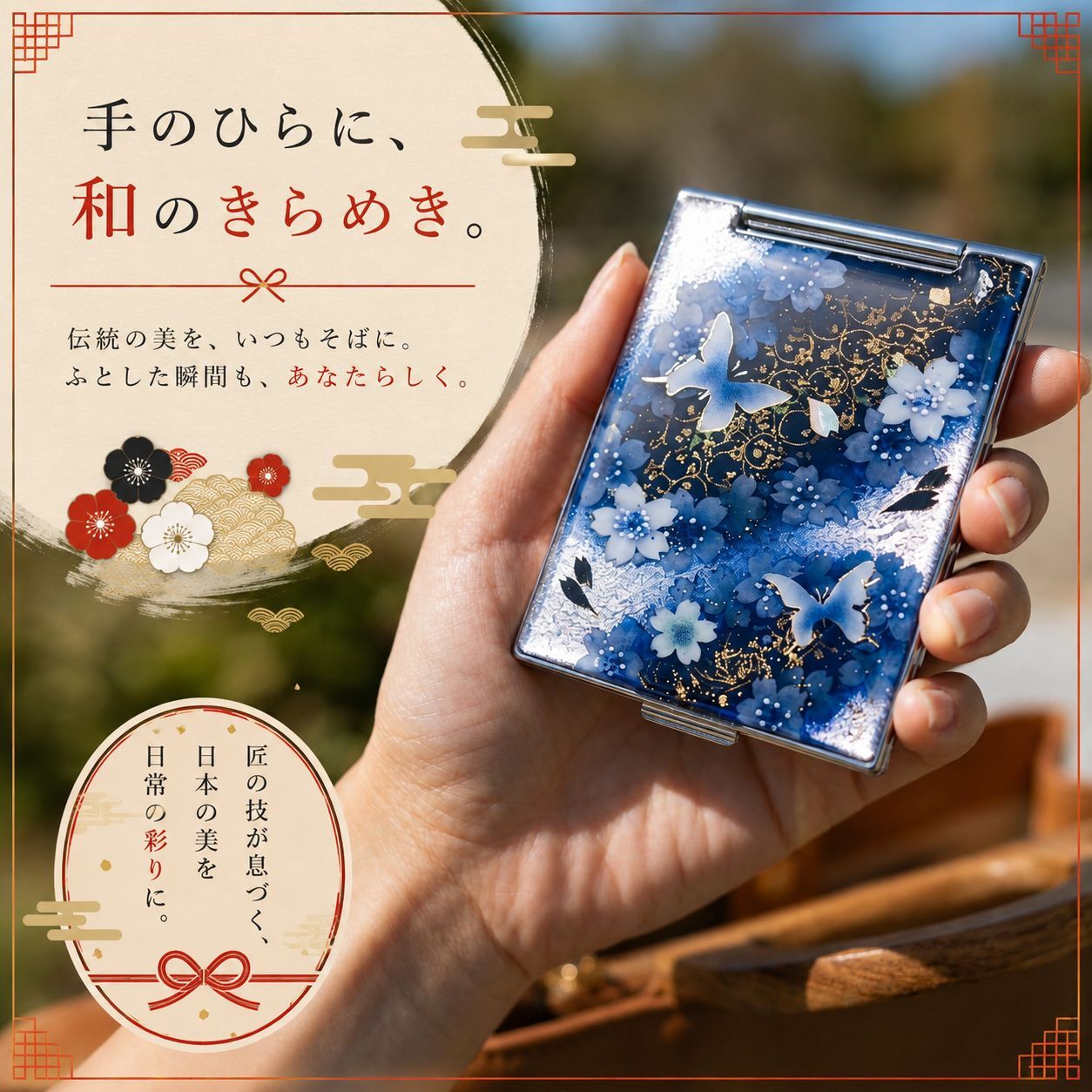 職人の手作り！和柄コンパクトミラー『似』名入れ 送料無料 和柄 和モダン 和雑貨 和小物 手鏡 折りたたみ 桜 伝統工芸 職人 手作り ハンドメイド 記念日 プレゼント ギフト