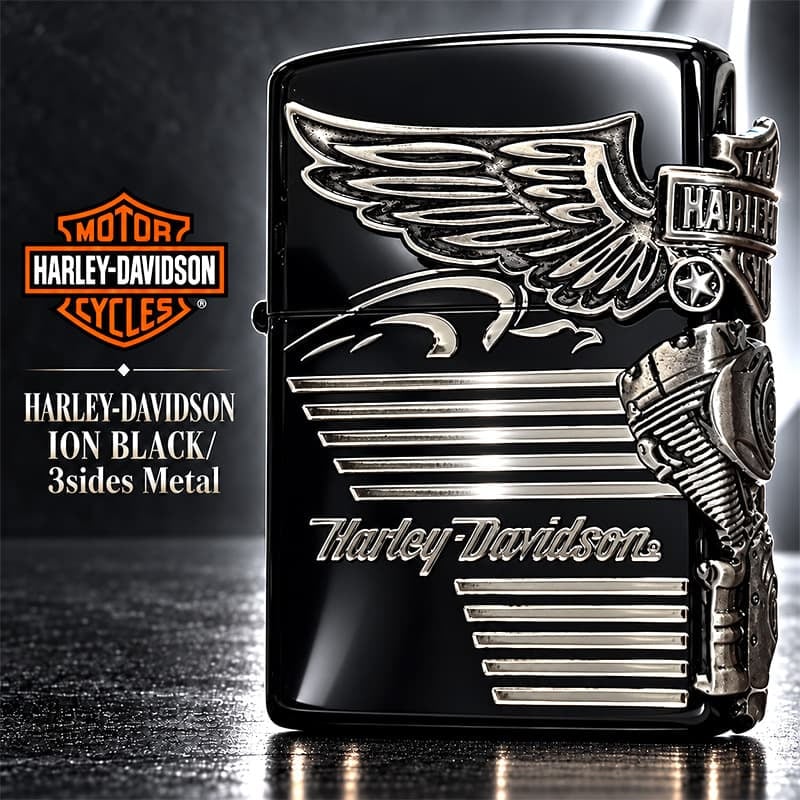 ZIPPO ハーレーダビッドソン ジッポ ライター イオンブラック＆ニッケルサテン 3面メタル 国内限定モデル 両面加工 黒銀 かっこいい おしゃれ メンズ ギフト プレゼント