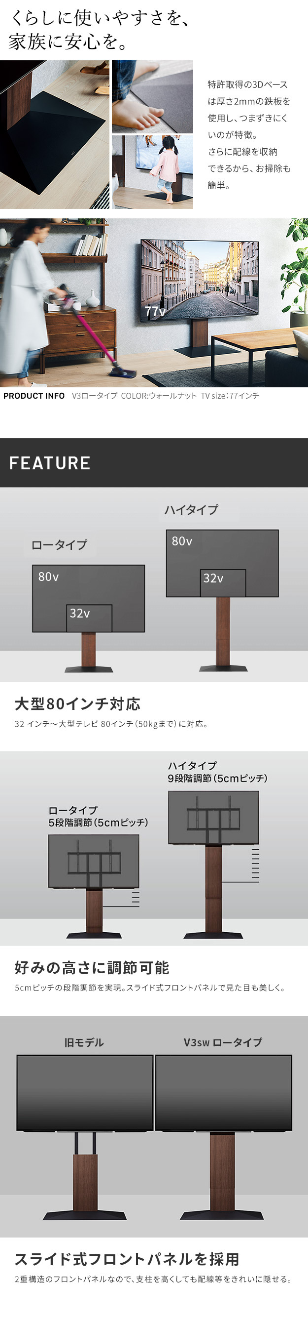 WALLインテリアテレビスタンドV3 SW ロータイプ+棚板レギュラーサイズ 2点セット 32~80v対応 壁寄せテレビ台 テレビボード TVスタンド 左右首振り 背面収納 コード収納 ホワイト 白 ブラック 黒 ウォールナット ブラウン 棚板付き 家具 新生活