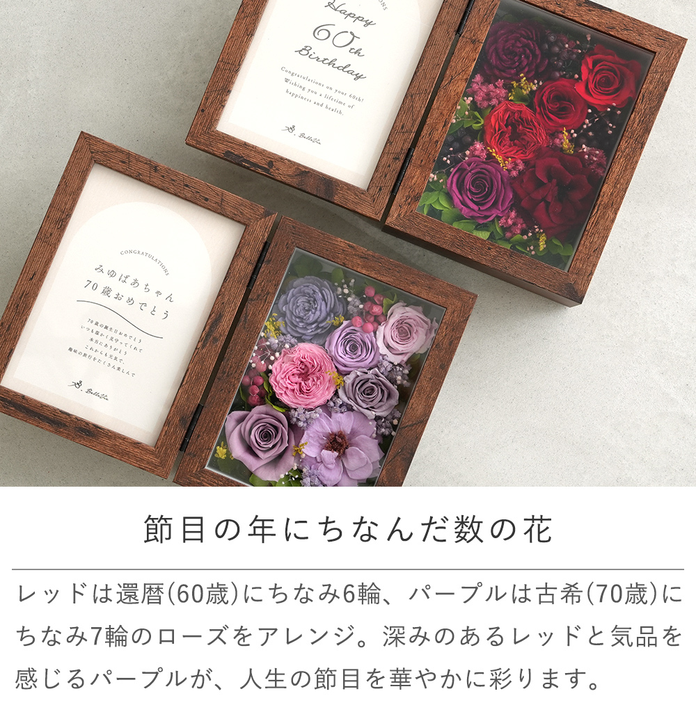 長寿祝い プリザーブドフラワー ナチュラルフラワーフォトボックス 花むすび｜長寿祝い 還暦祝い 古希祝い 喜寿祝い メッセージフレーム 名入れギフト メッセージ入り フラワーフレーム 写真立て 60歳祝い 70歳祝い 77歳祝い オリジナル ギフト プレゼント 