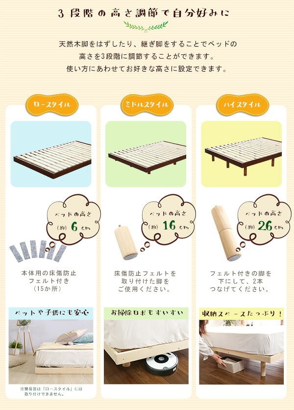 簡易宮セット パイン材高さ3段階調整脚付きすのこ セミダブル Lilitta-リリッタ